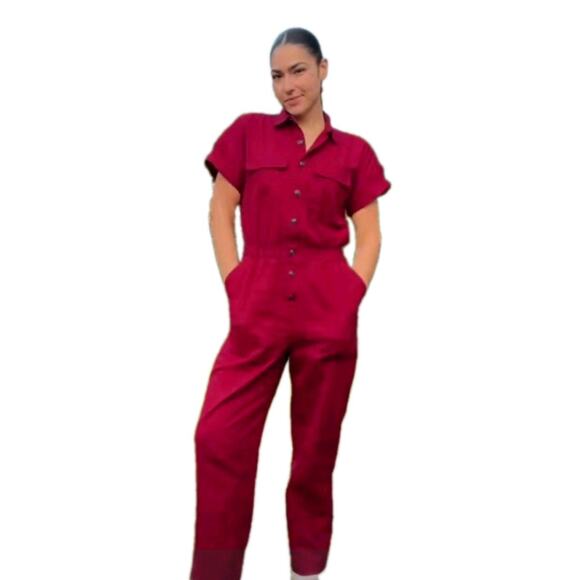Universal thread Womens Short Sleeve Cotton Jumpsuit Boilersuit Burgundy Size 2 - Picture 2 of 8